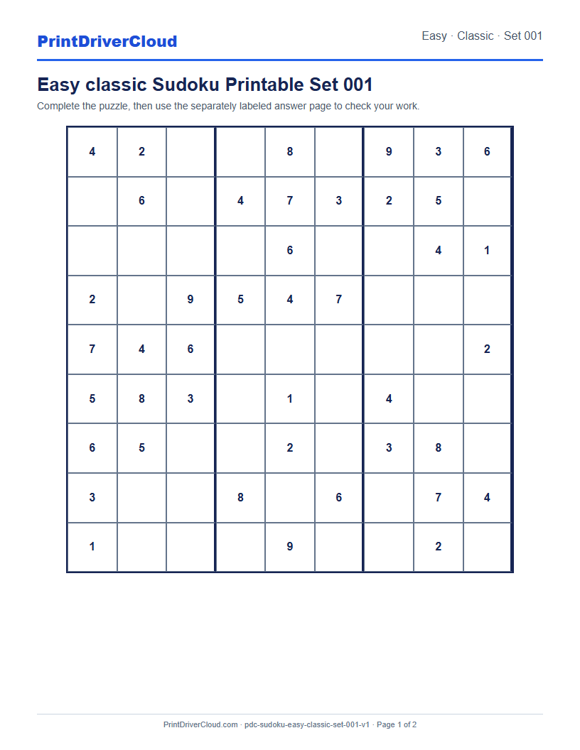 Preview of Easy classic Sudoku Printable Set 001