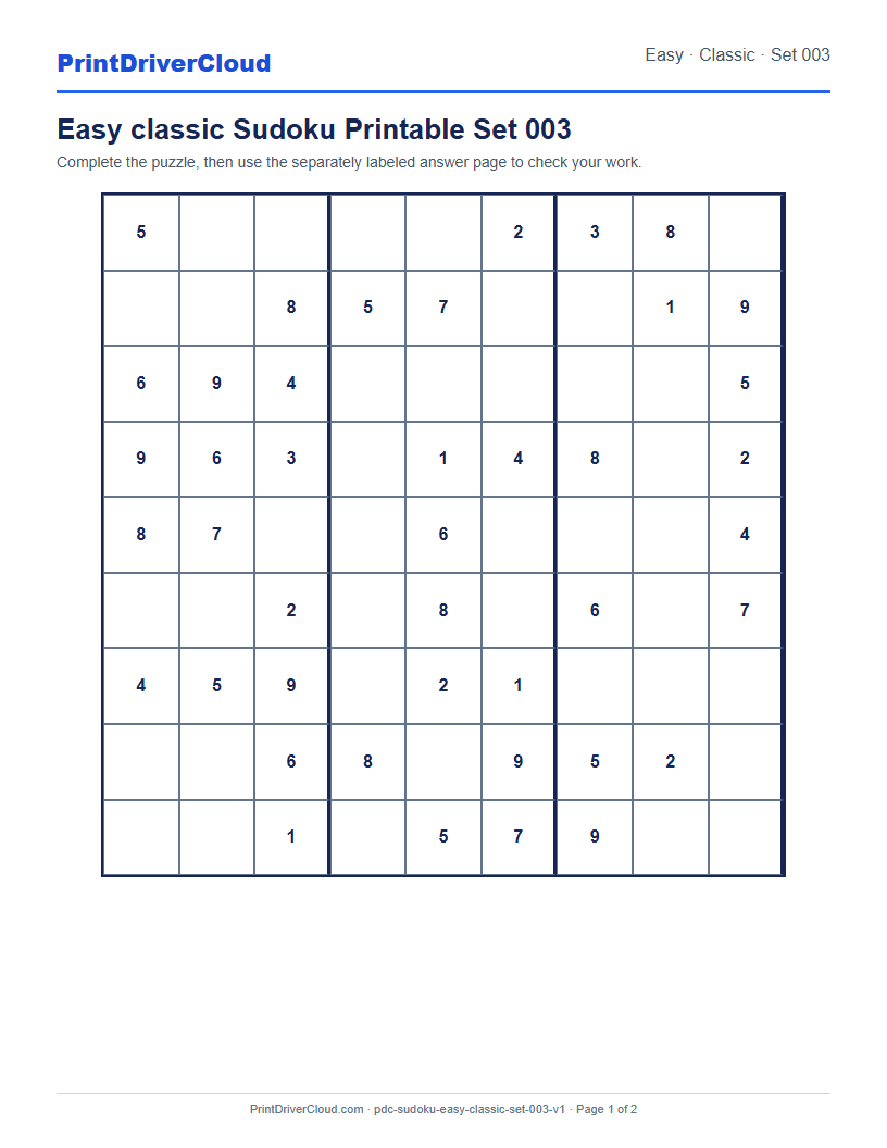 Preview of Easy classic Sudoku Printable Set 003