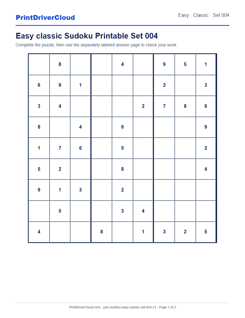 Preview of Easy classic Sudoku Printable Set 004