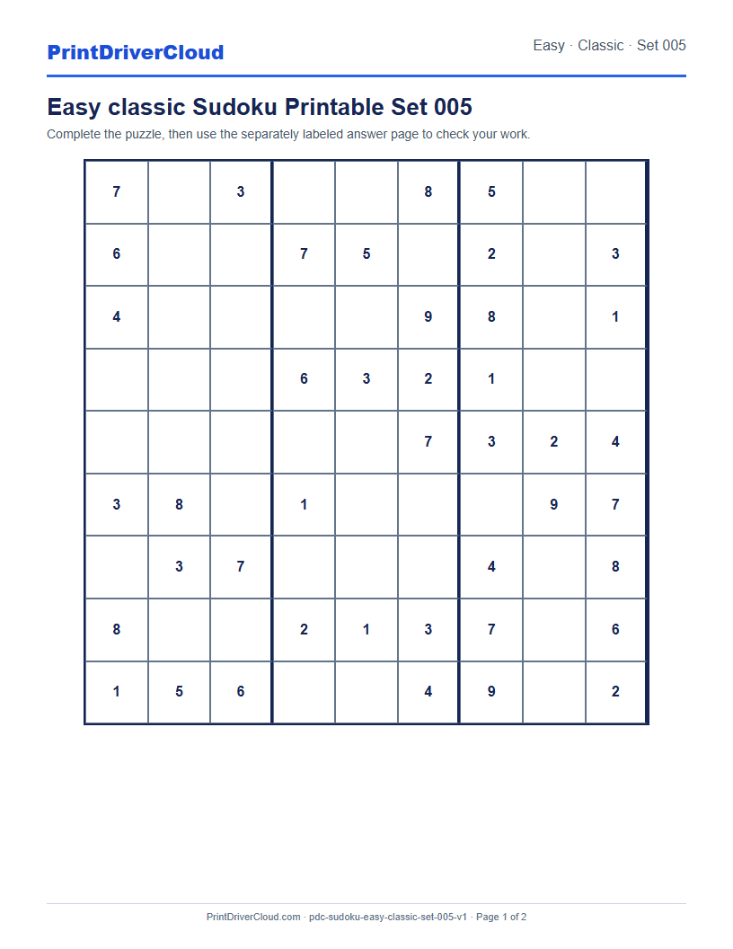 Preview of Easy classic Sudoku Printable Set 005