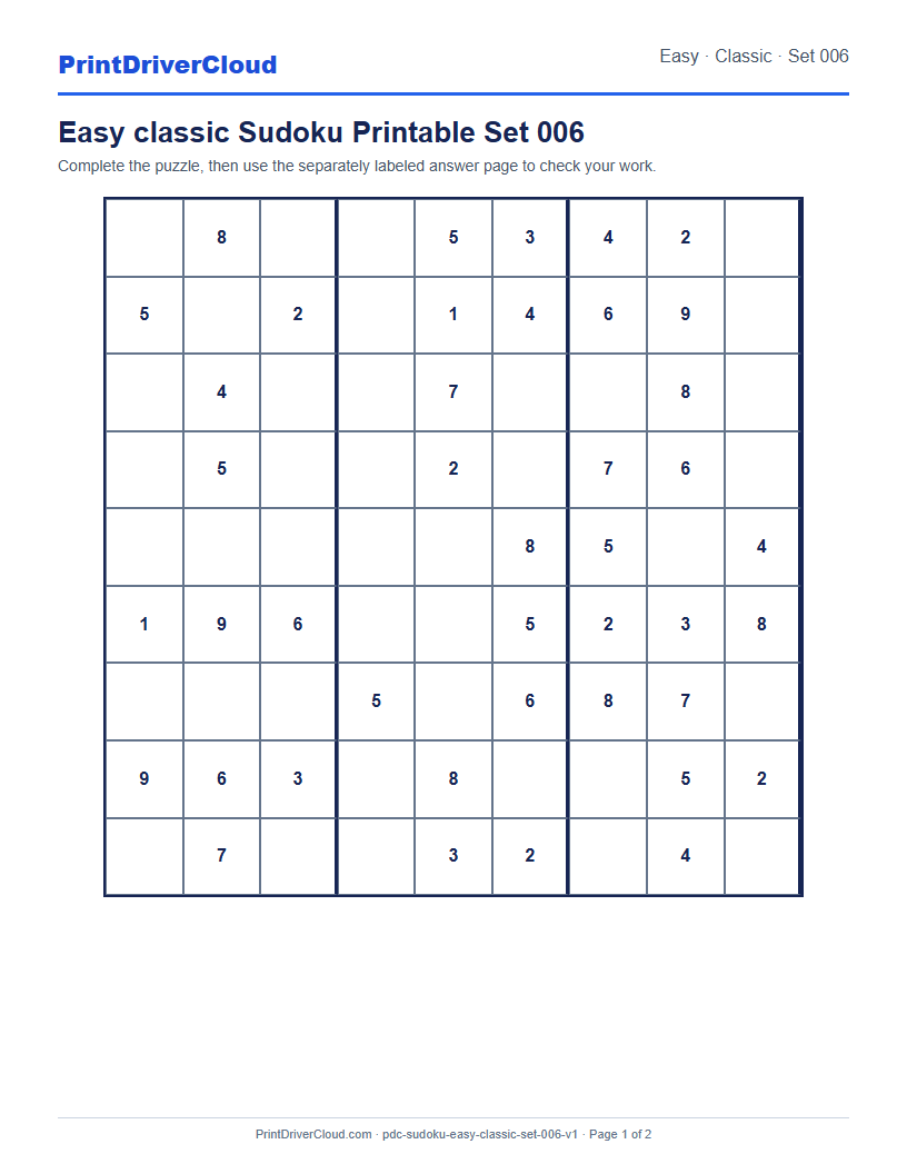 Preview of Easy classic Sudoku Printable Set 006
