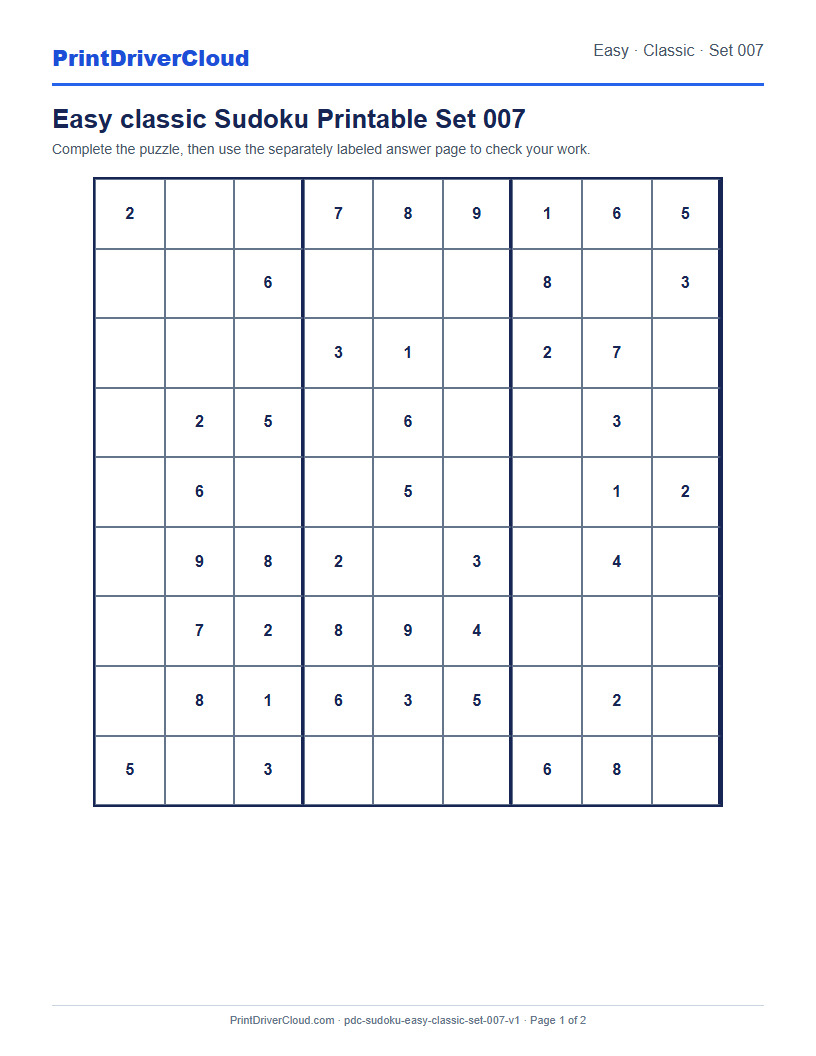 Preview of Easy classic Sudoku Printable Set 007