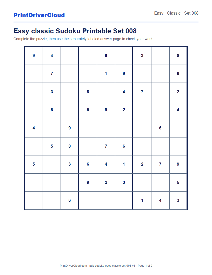 Preview of Easy classic Sudoku Printable Set 008