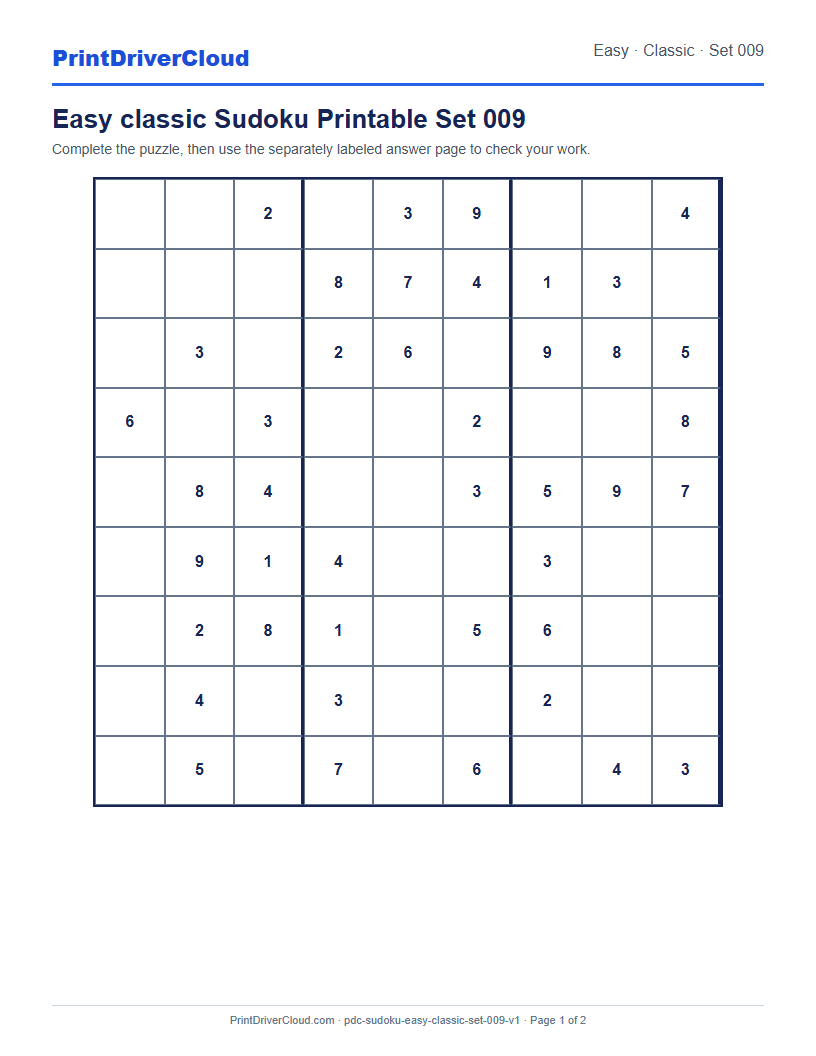 Preview of Easy classic Sudoku Printable Set 009