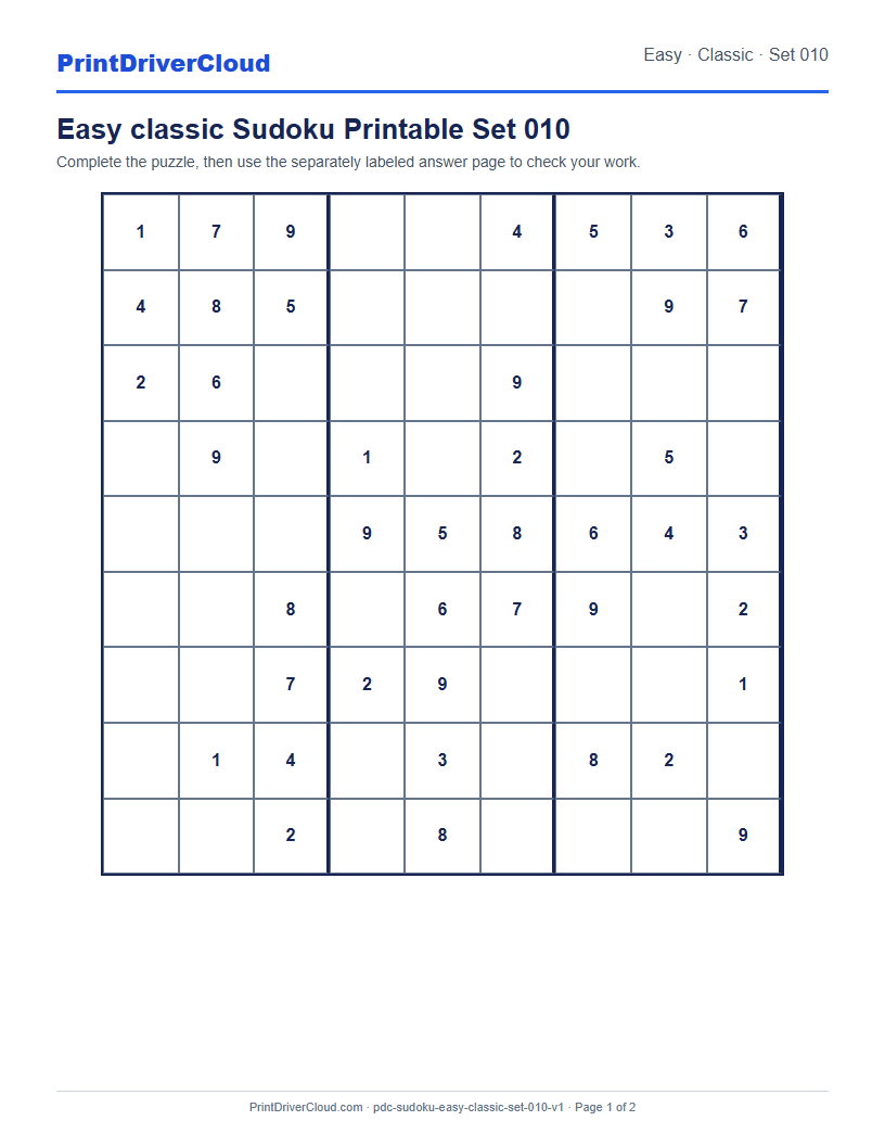 Preview of Easy classic Sudoku Printable Set 010