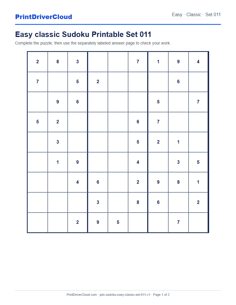 Preview of Easy classic Sudoku Printable Set 011