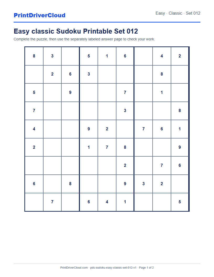 Preview of Easy classic Sudoku Printable Set 012