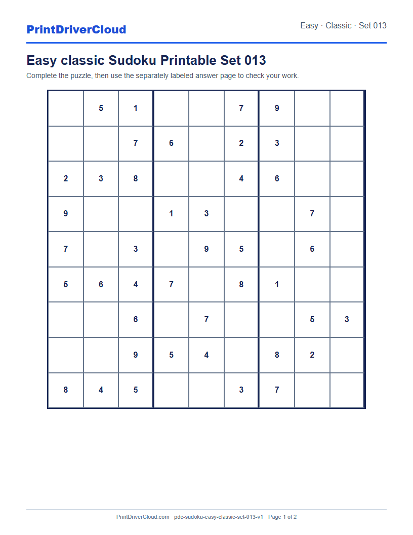 Preview of Easy classic Sudoku Printable Set 013