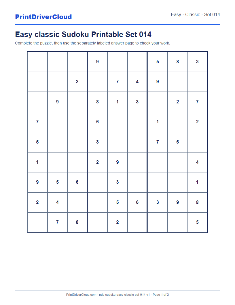 Preview of Easy classic Sudoku Printable Set 014