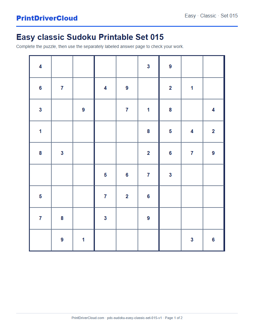 Preview of Easy classic Sudoku Printable Set 015