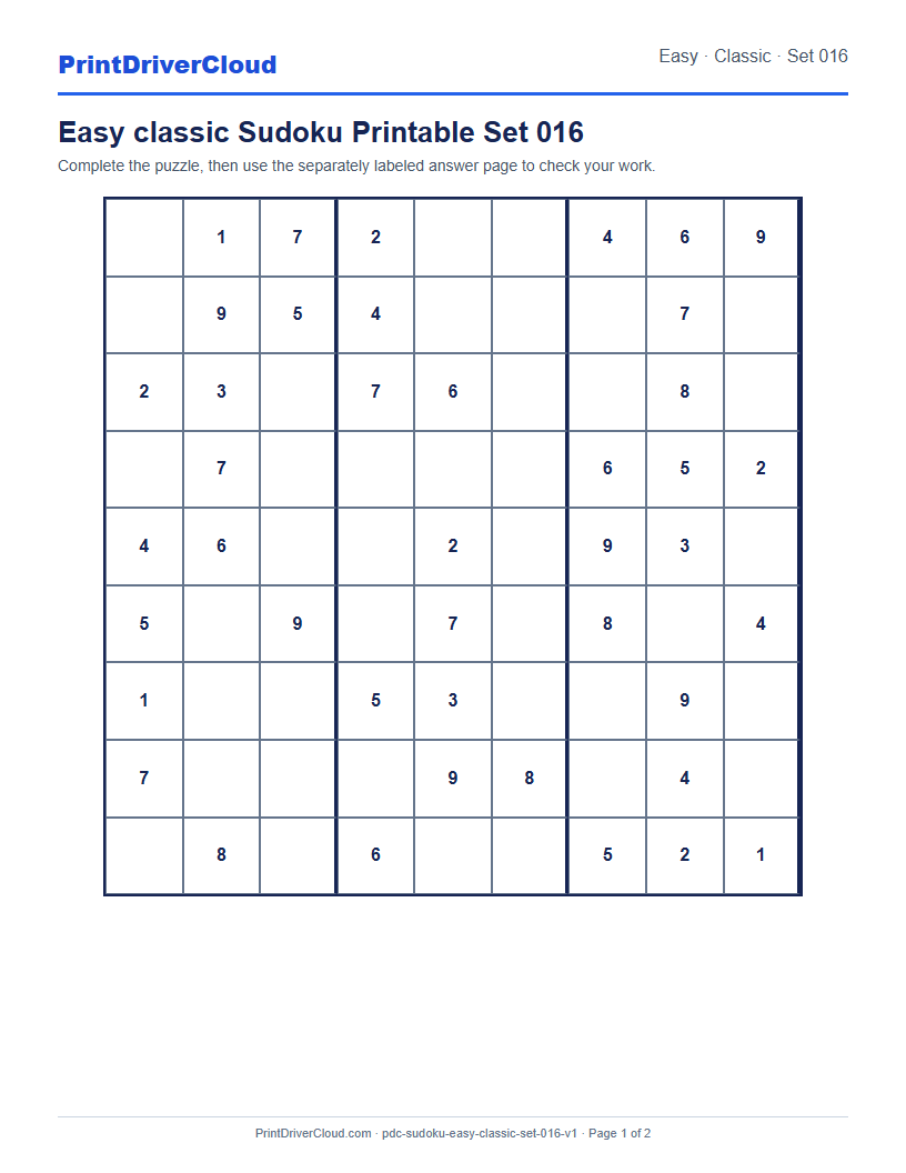 Preview of Easy classic Sudoku Printable Set 016