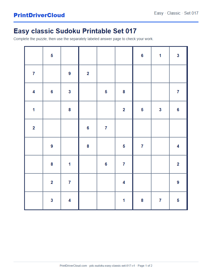 Preview of Easy classic Sudoku Printable Set 017