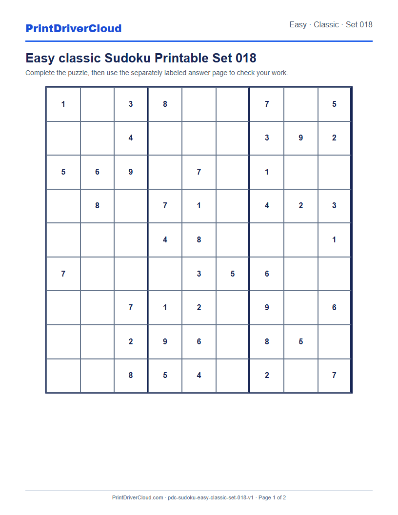 Preview of Easy classic Sudoku Printable Set 018