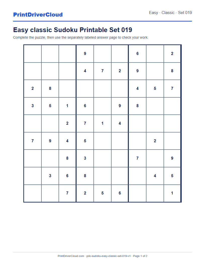 Preview of Easy classic Sudoku Printable Set 019