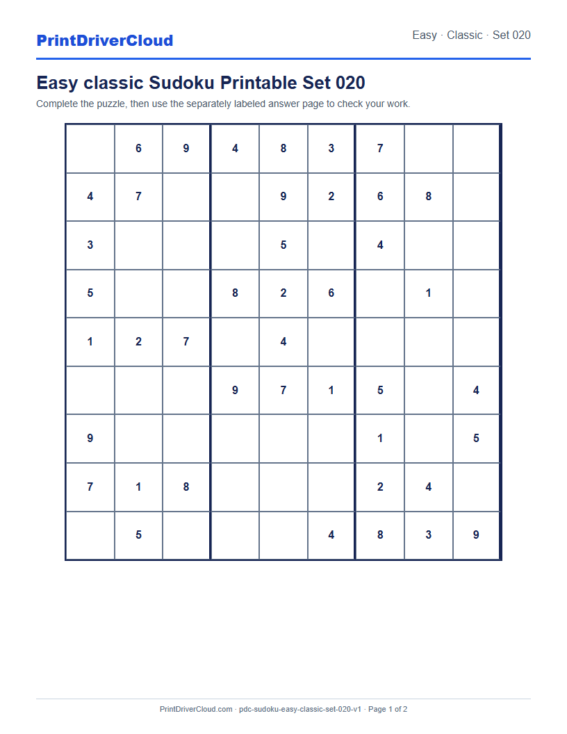 Preview of Easy classic Sudoku Printable Set 020