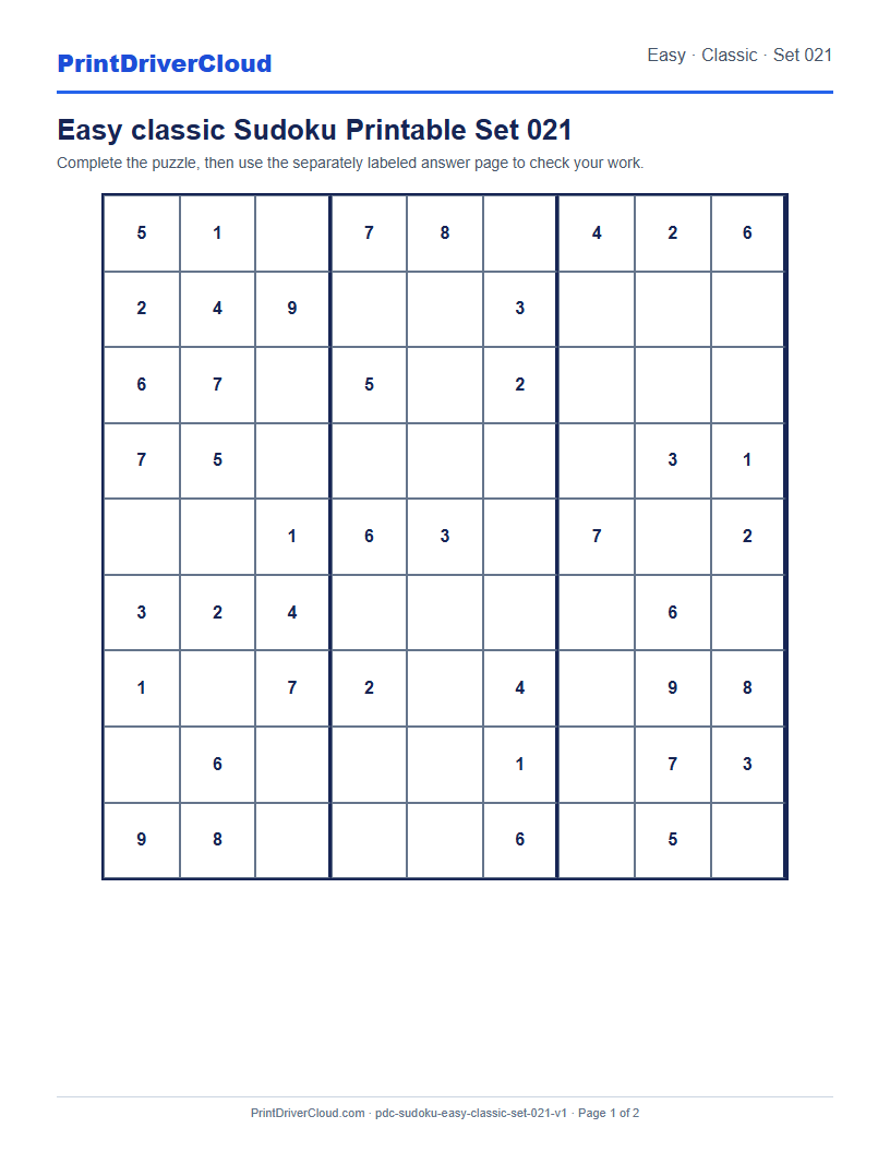 Preview of Easy classic Sudoku Printable Set 021