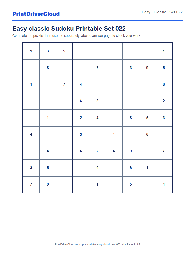 Preview of Easy classic Sudoku Printable Set 022