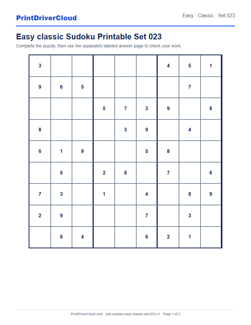 Preview of Easy classic Sudoku Printable Set 023