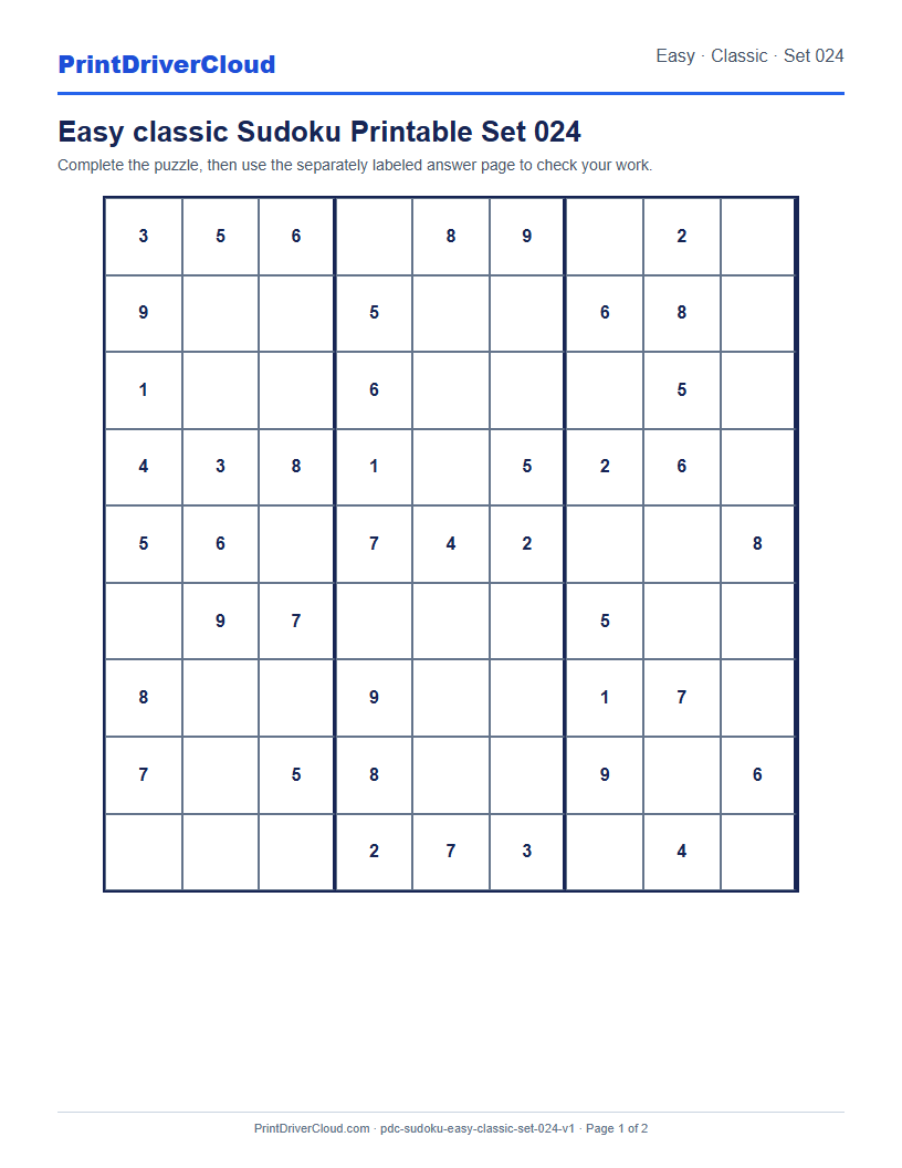 Preview of Easy classic Sudoku Printable Set 024
