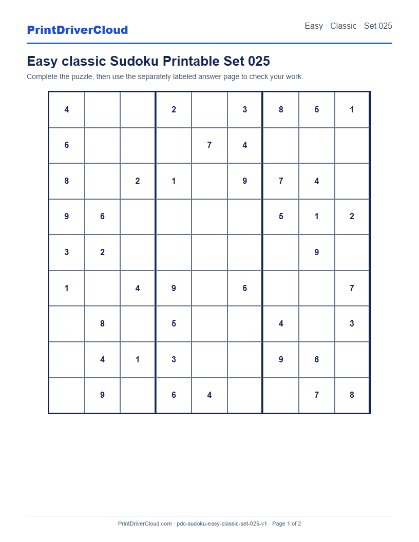 Preview of Easy classic Sudoku Printable Set 025