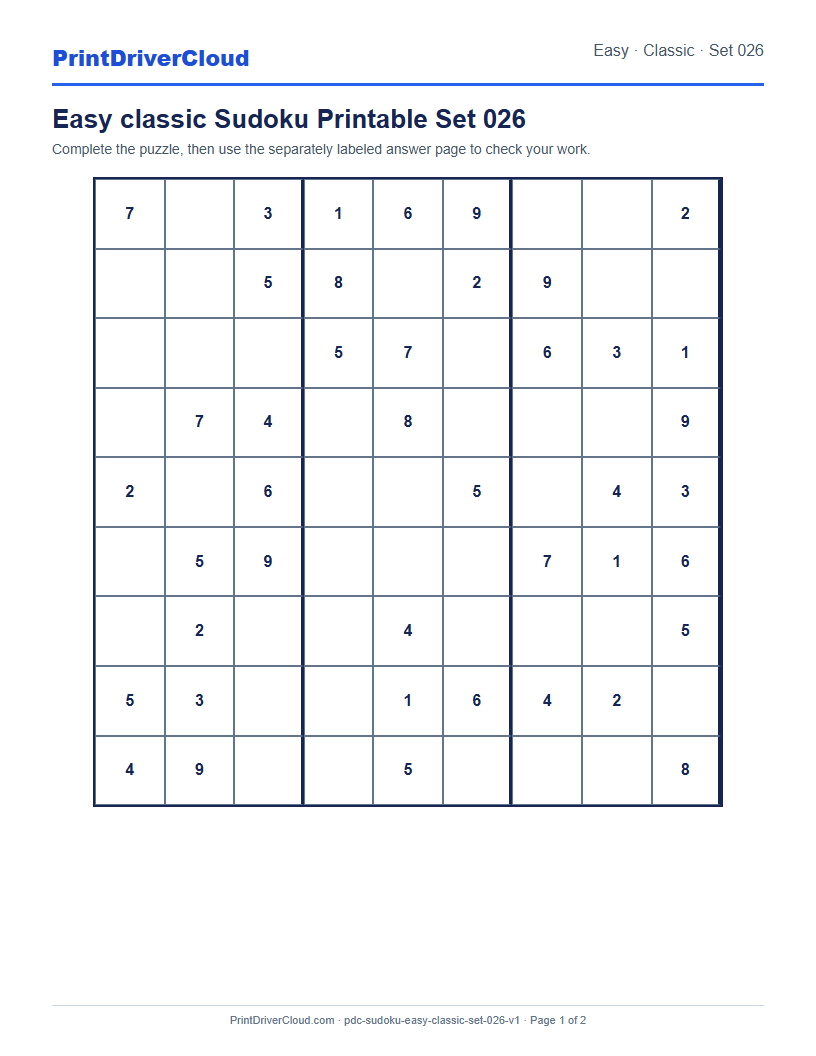 Preview of Easy classic Sudoku Printable Set 026