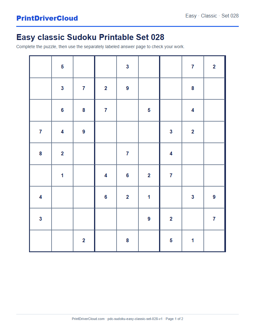 Preview of Easy classic Sudoku Printable Set 028
