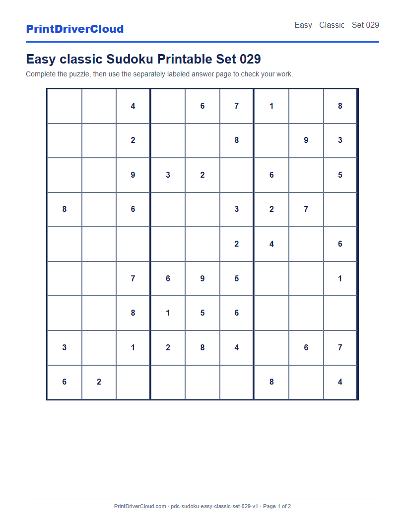 Preview of Easy classic Sudoku Printable Set 029