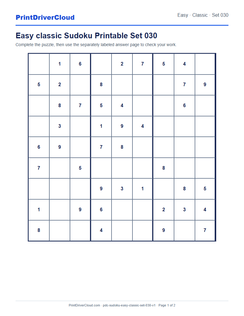 Preview of Easy classic Sudoku Printable Set 030