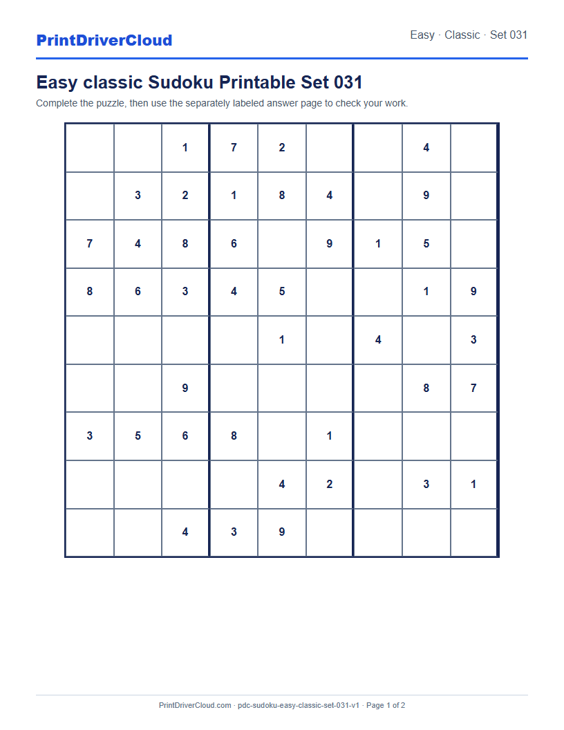 Preview of Easy classic Sudoku Printable Set 031