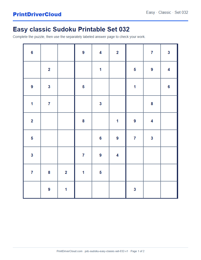 Preview of Easy classic Sudoku Printable Set 032