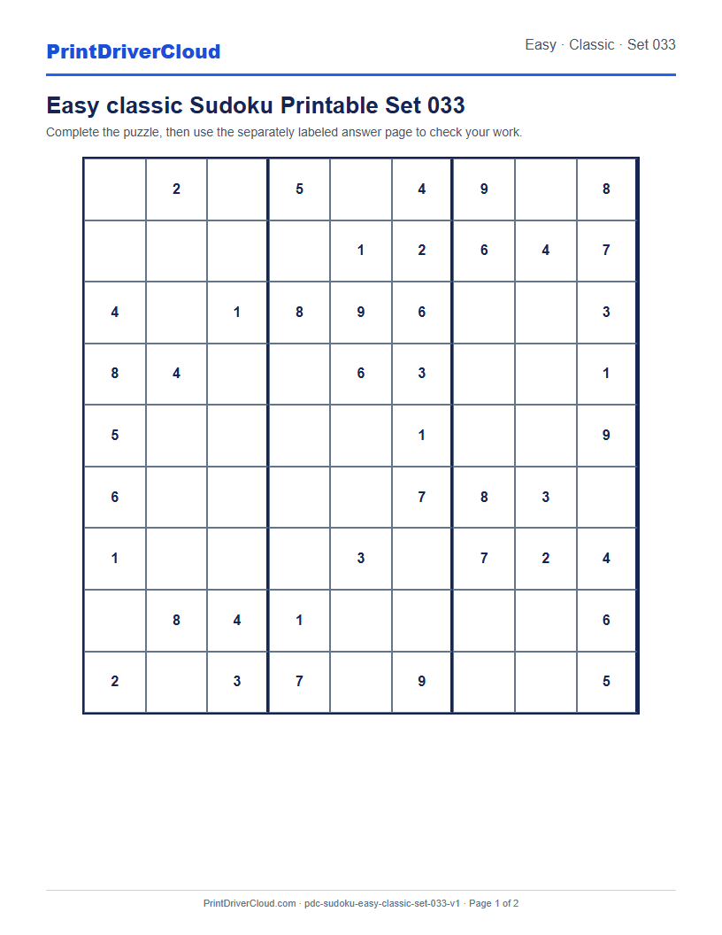 Preview of Easy classic Sudoku Printable Set 033
