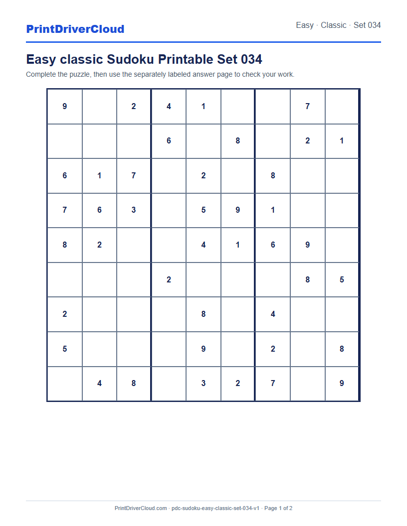 Preview of Easy classic Sudoku Printable Set 034