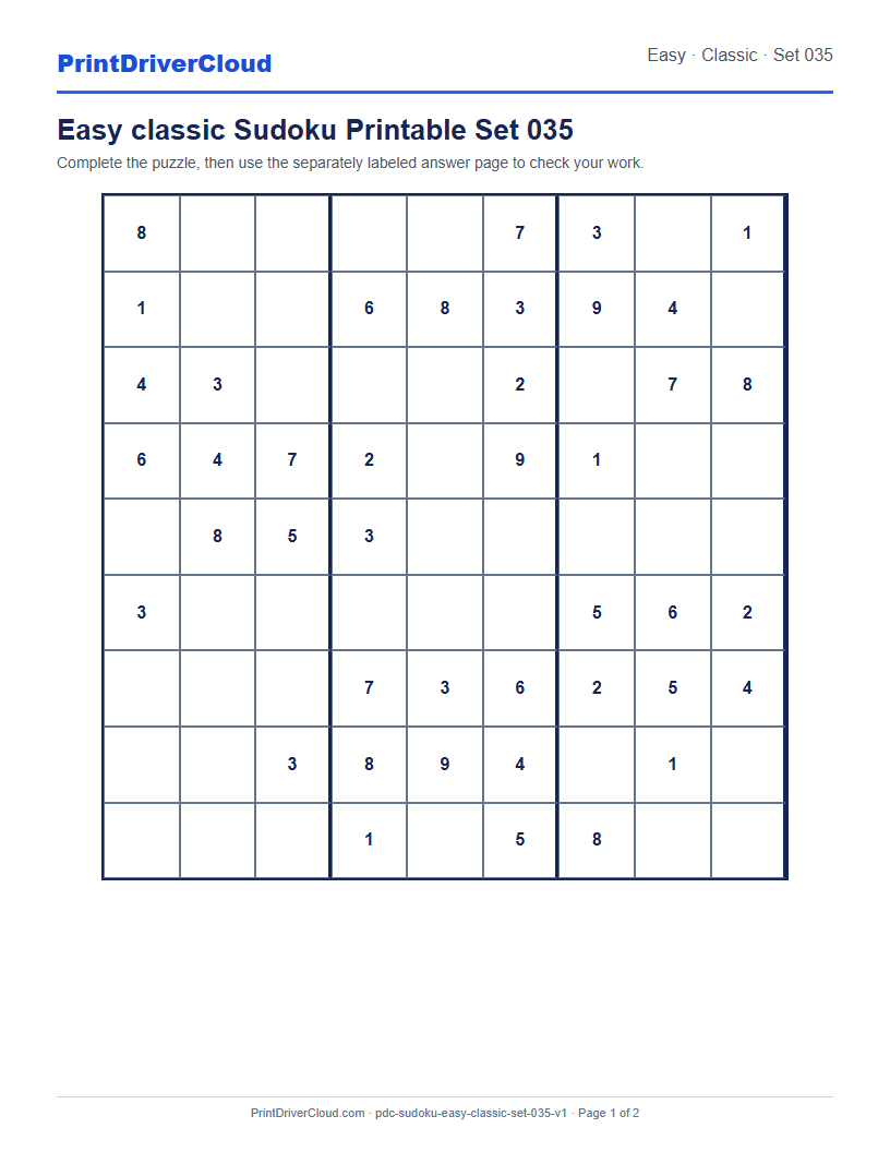 Preview of Easy classic Sudoku Printable Set 035