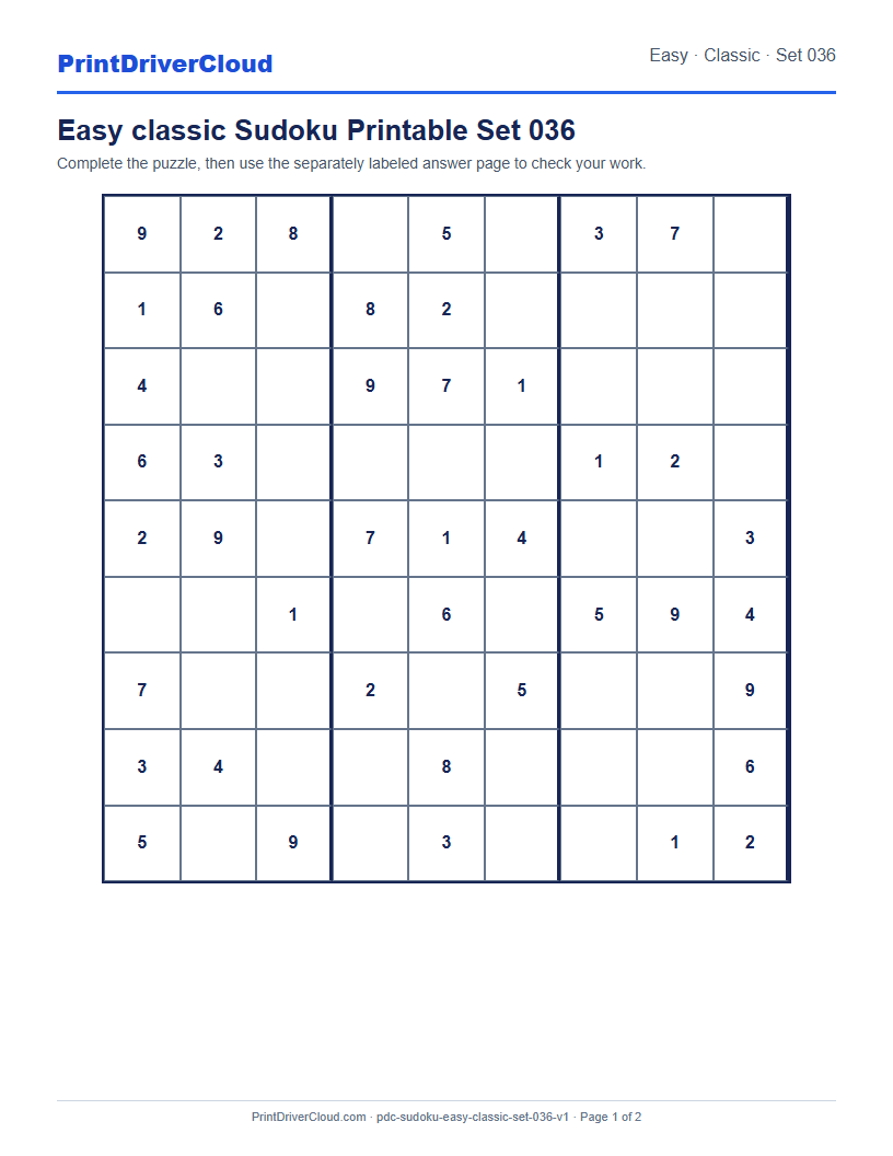 Preview of Easy classic Sudoku Printable Set 036