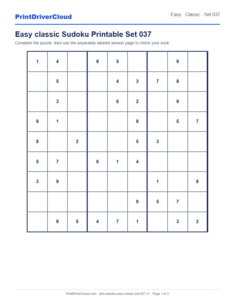Preview of Easy classic Sudoku Printable Set 037
