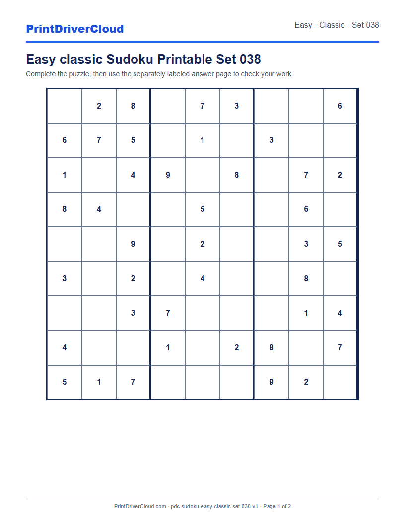 Preview of Easy classic Sudoku Printable Set 038