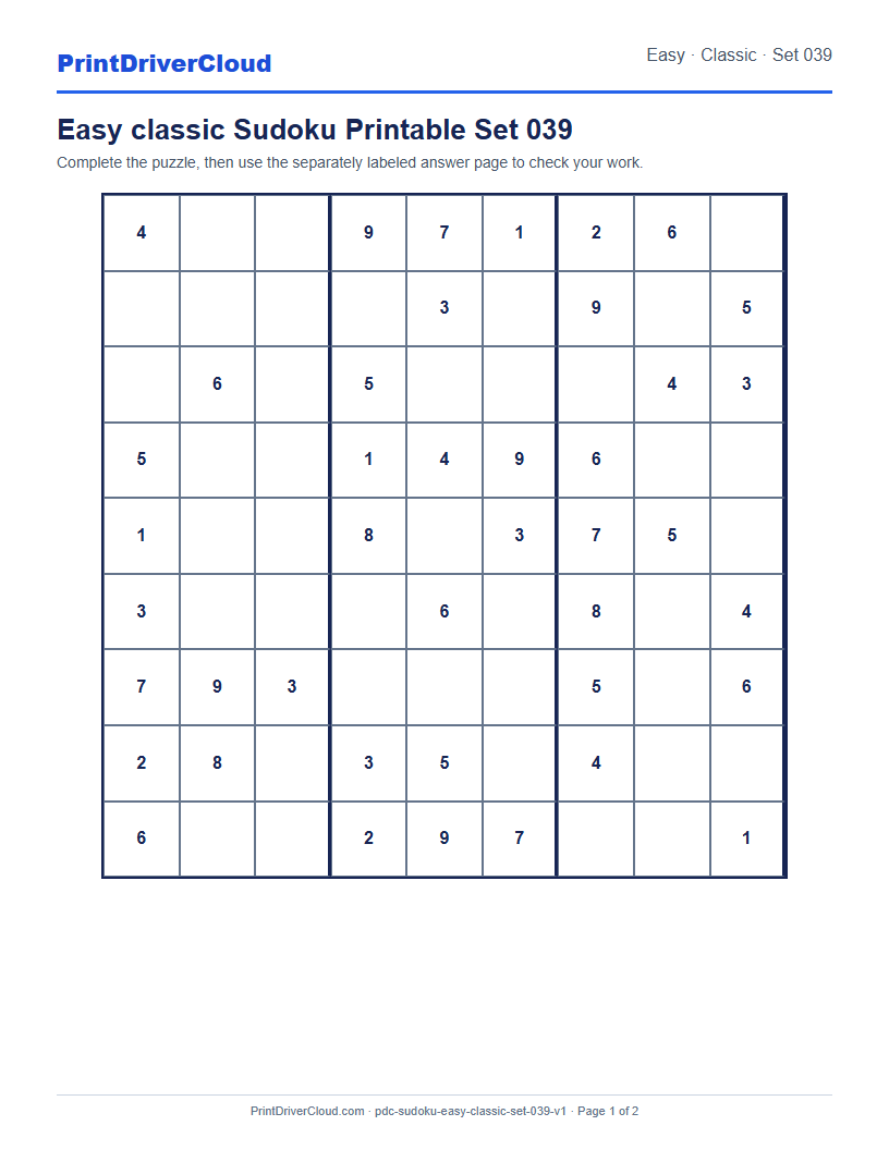 Preview of Easy classic Sudoku Printable Set 039