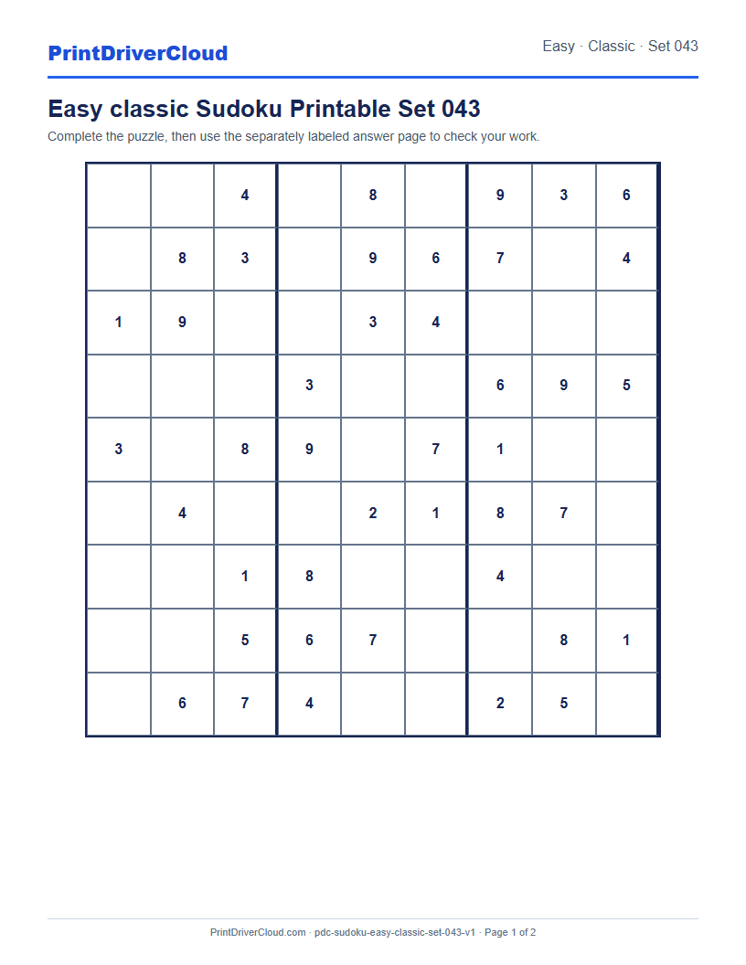 Preview of Easy classic Sudoku Printable Set 043