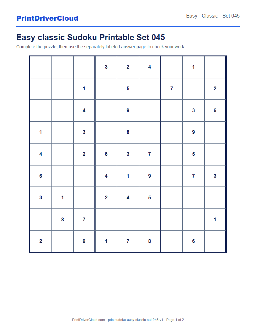 Preview of Easy classic Sudoku Printable Set 045