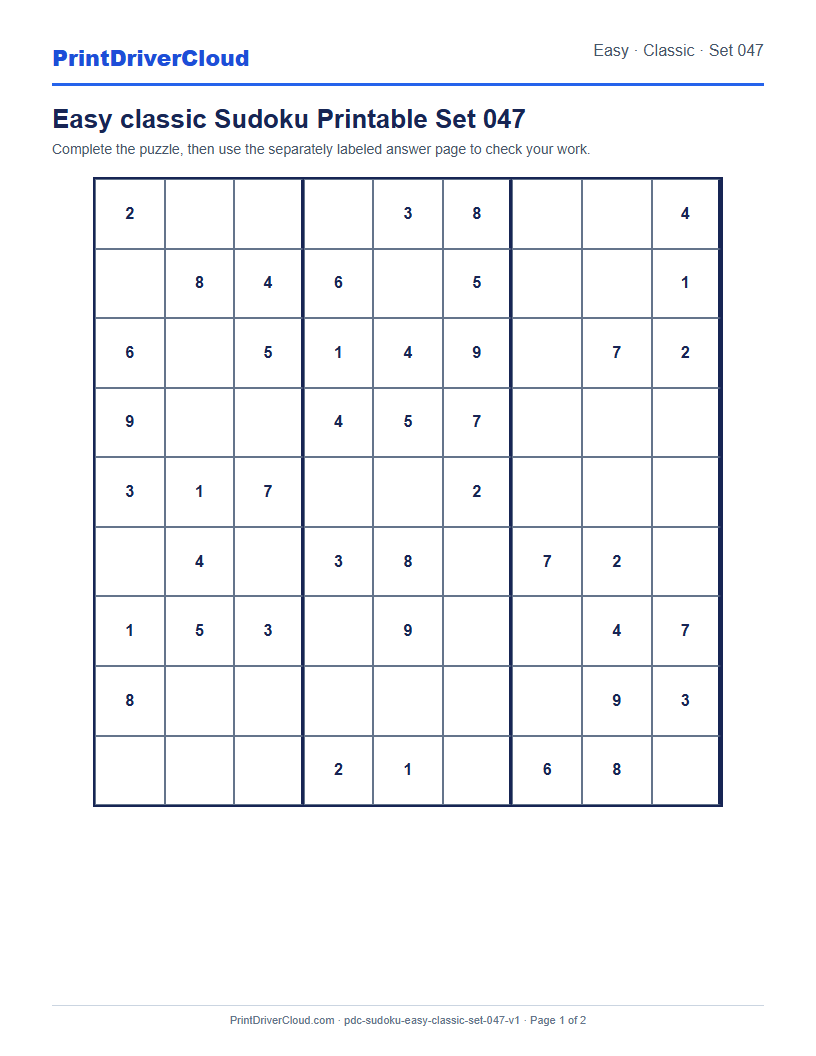 Preview of Easy classic Sudoku Printable Set 047