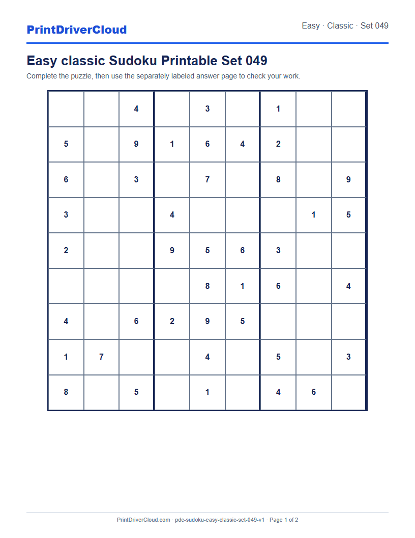 Preview of Easy classic Sudoku Printable Set 049
