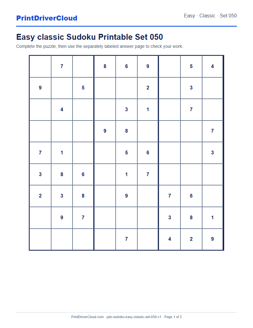 Preview of Easy classic Sudoku Printable Set 050