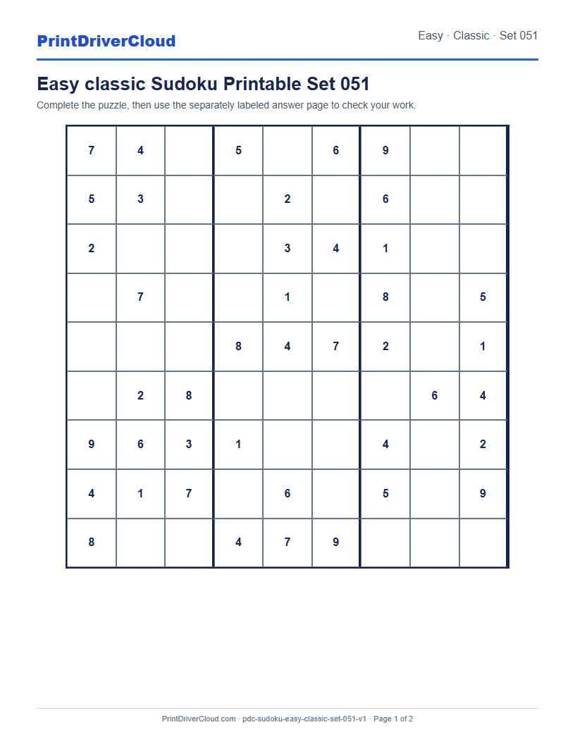 Preview of Easy classic Sudoku Printable Set 051