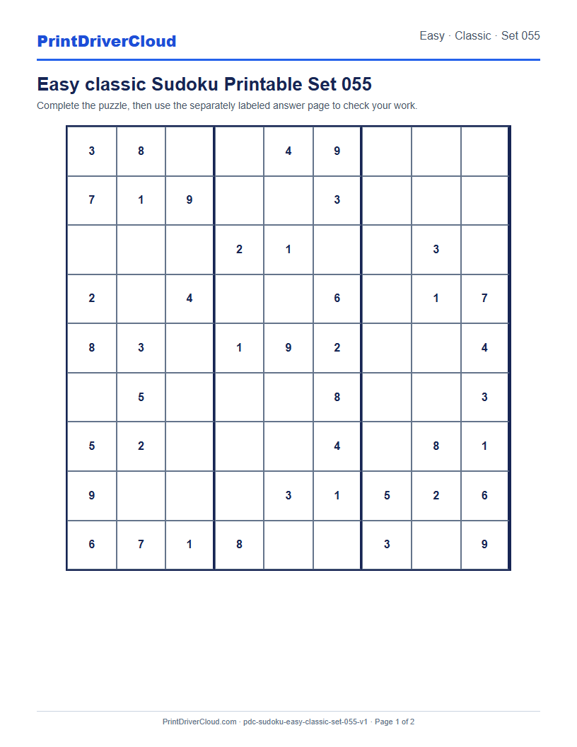 Preview of Easy classic Sudoku Printable Set 055