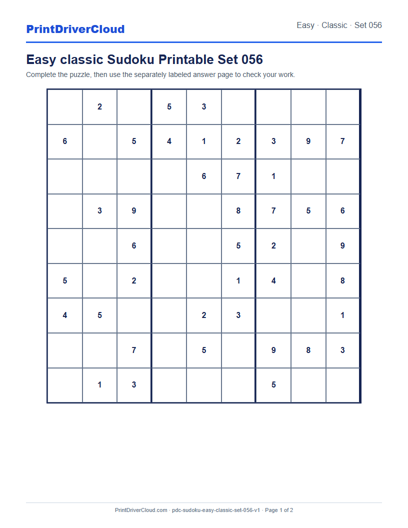 Preview of Easy classic Sudoku Printable Set 056