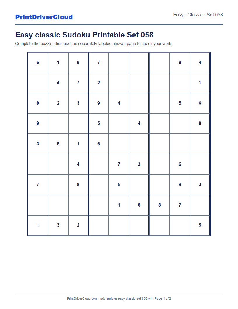 Preview of Easy classic Sudoku Printable Set 058