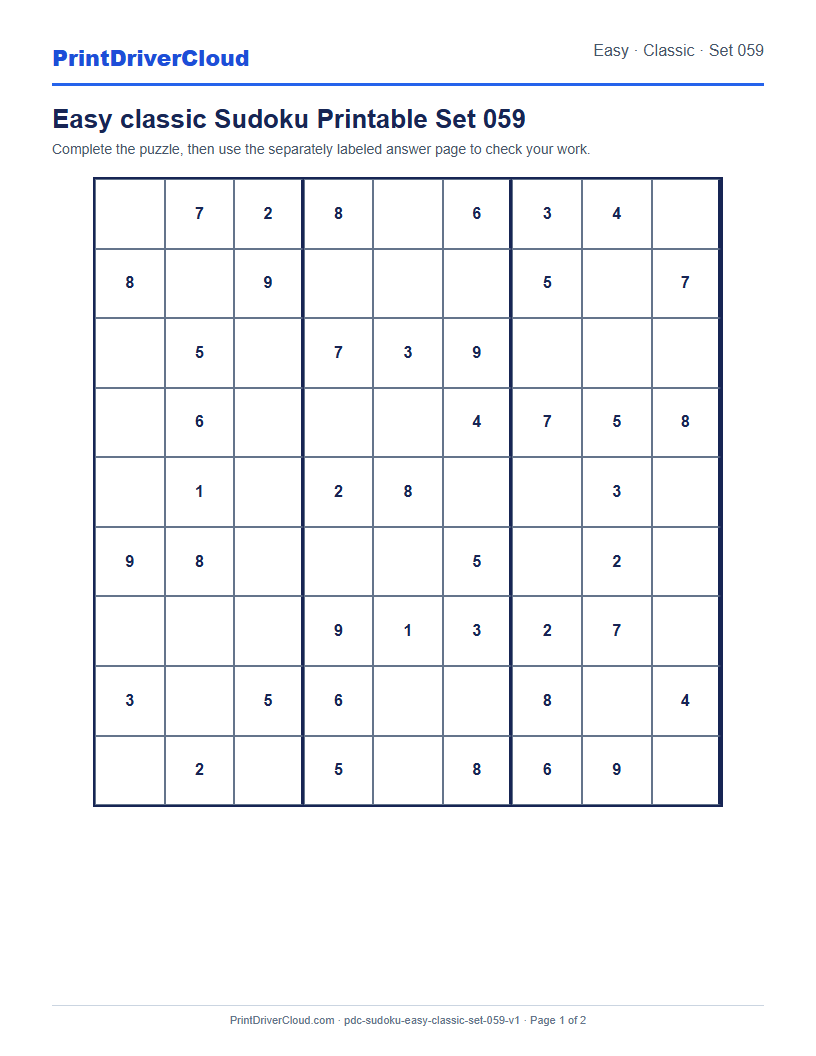 Preview of Easy classic Sudoku Printable Set 059