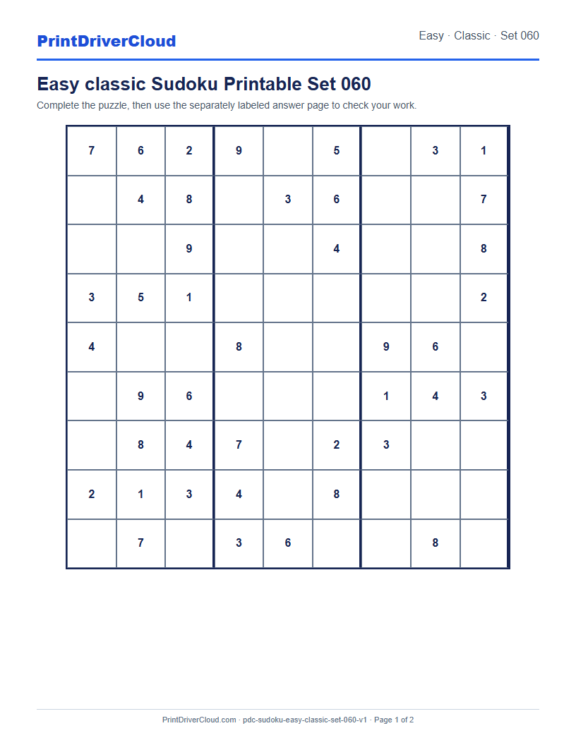 Preview of Easy classic Sudoku Printable Set 060