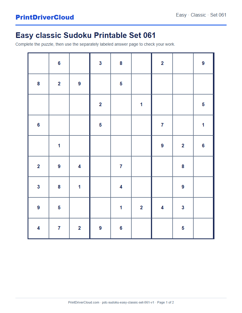 Preview of Easy classic Sudoku Printable Set 061