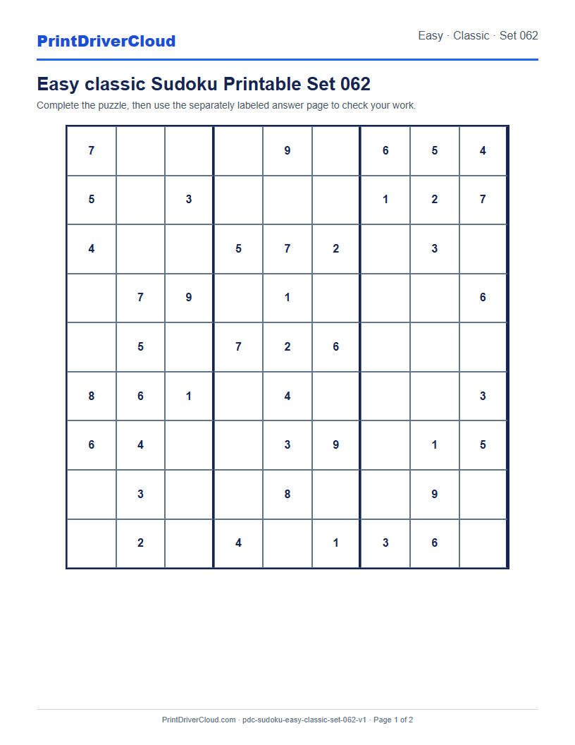 Preview of Easy classic Sudoku Printable Set 062